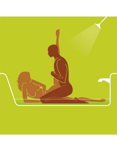 Hot-as-hell day? Hit the tub again. Fill it with a few inches of cool water, then turn on the shower and let it run lightly. Lie on your side, propped up on your forearm. Lift your top leg and then have your man straddle your other leg. Once he's entered you, rest your lifted leg on his shoulder and enjoy the ride.
